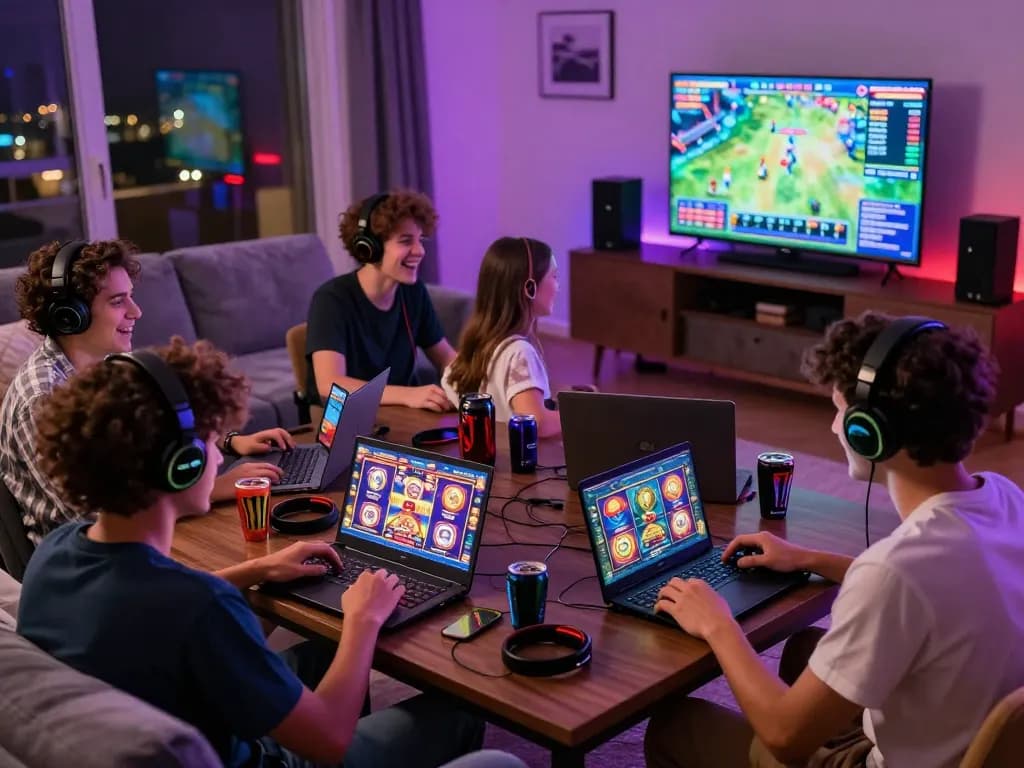 Engaging players exploring slot gacor games in a vibrant living room, showcasing exciting gaming atmosphere.