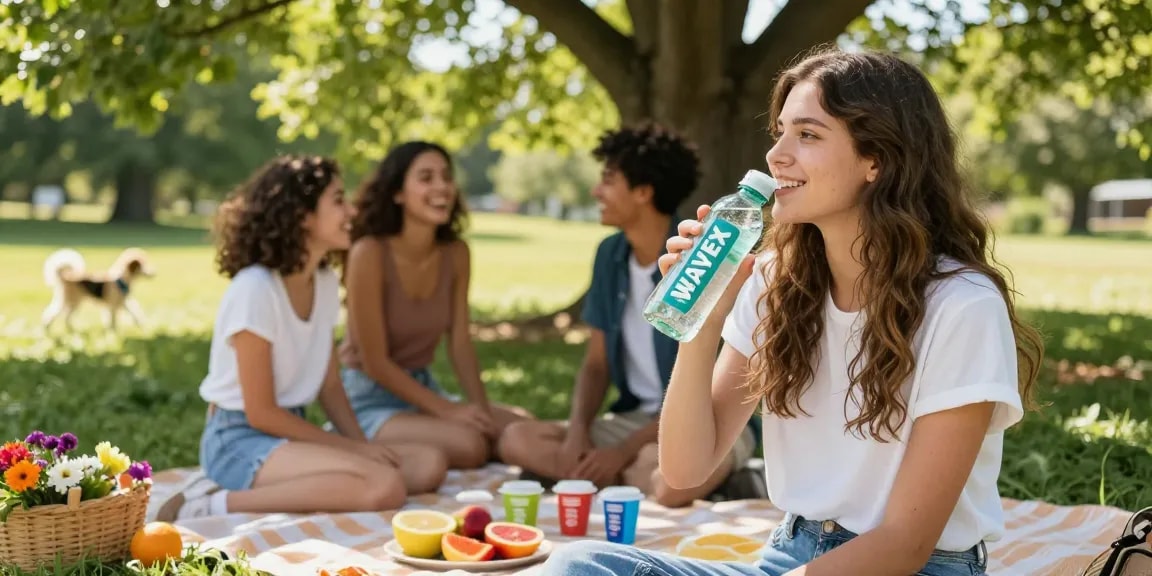 Flavored water without additives enjoyed outdoors in a vibrant picnic setting with WAVEX.