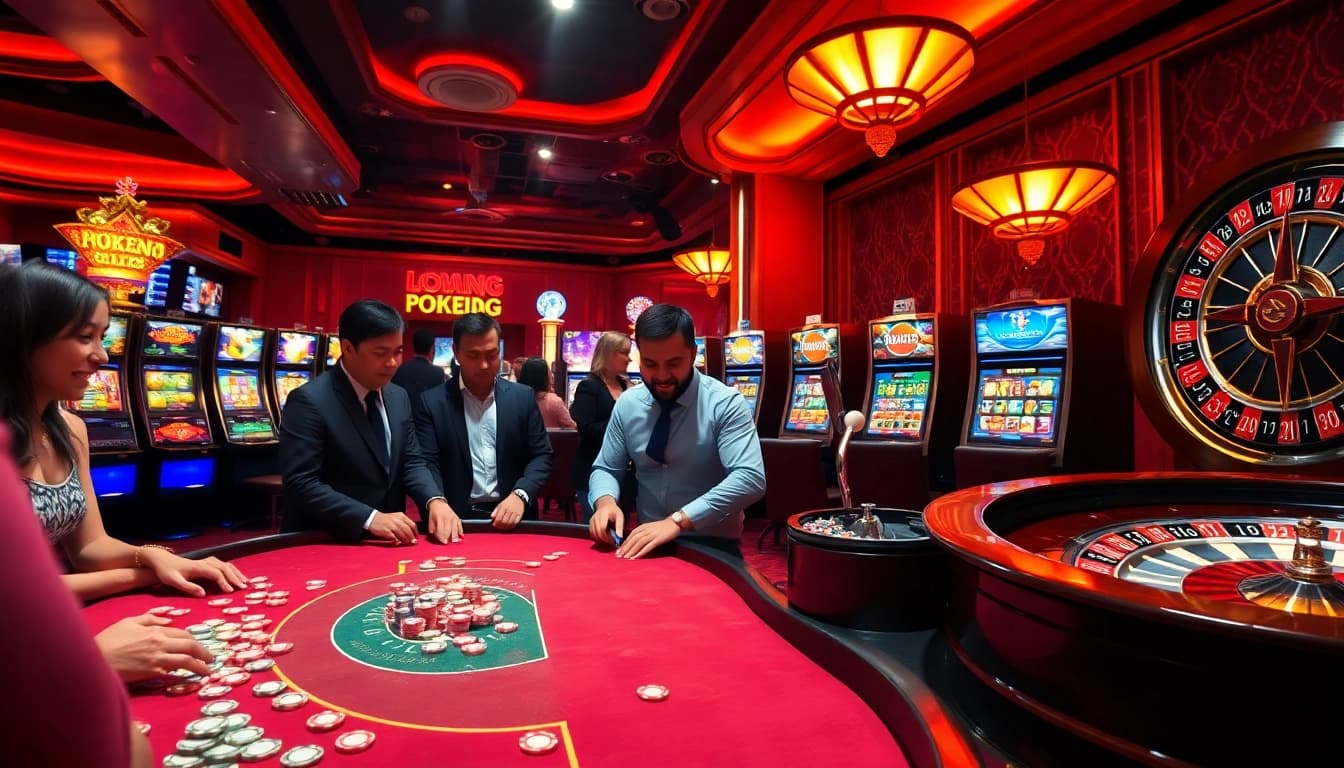 Engaging poker players at a vibrant casino table, showcasing thrilling action at https://mm88.video/.