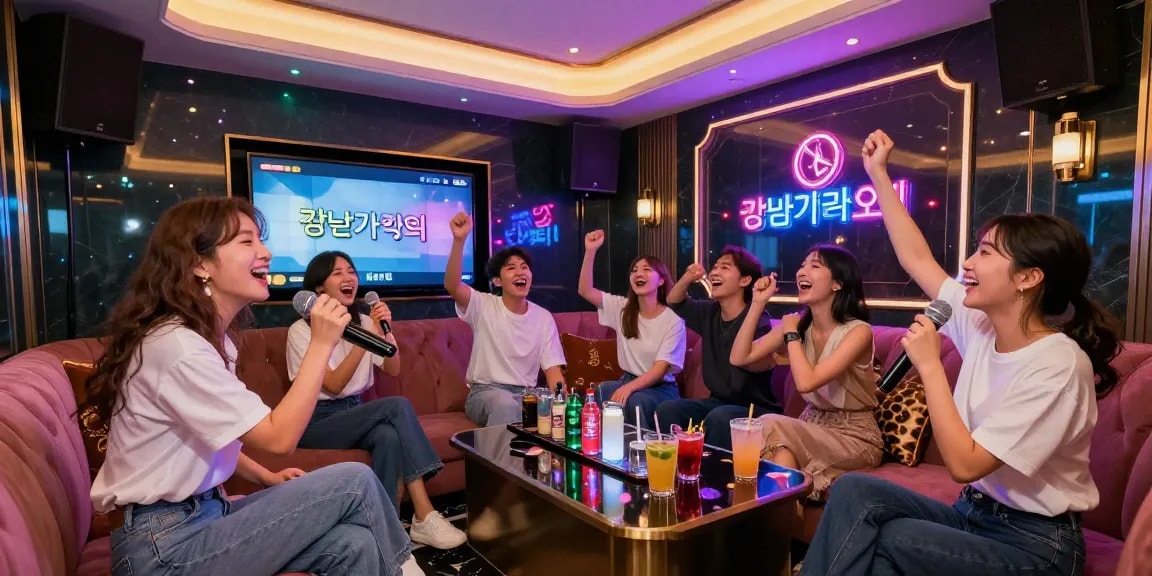 강남가라오케에서 친구들과 함께 즐기는 화려한 노래방 풍경