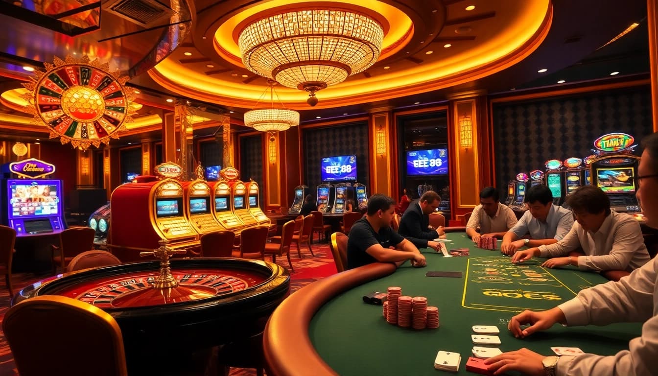 Players enjoying a thrilling game at EE 88 casino with vibrant slots and poker tables.