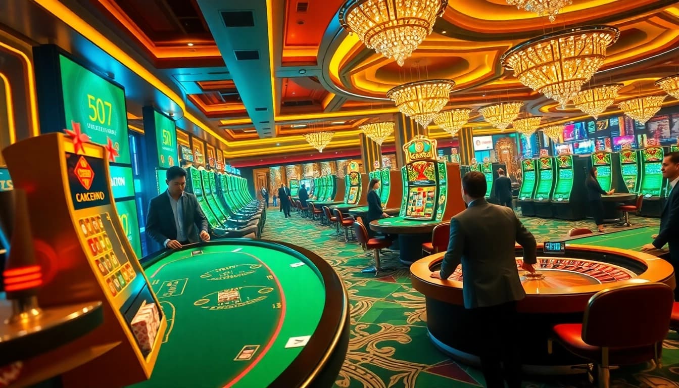 Players engaging in high-stakes games at U888's dynamic online casino, showcasing vibrant slot machines and professional dealers.