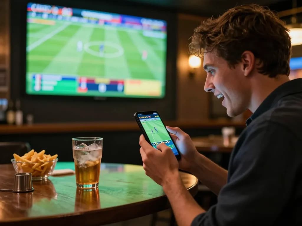 Excited patron at nhà cái 8xbet placing live sports bets in a vibrant setting