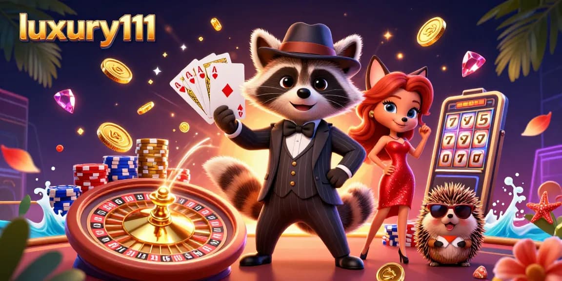 Experience luxury111 gaming with a raccoon celebrating a royal flush amidst coins and chips