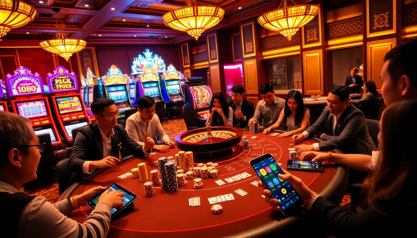Experience the thrill of gambling at DH88 with vibrant poker tables and flashy slot machines.
