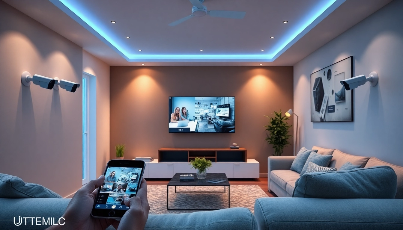 Sala de estar moderna con cámaras de seguridad avanzadas y tecnología de seguridad para el hogar con iluminación ambiental suave.