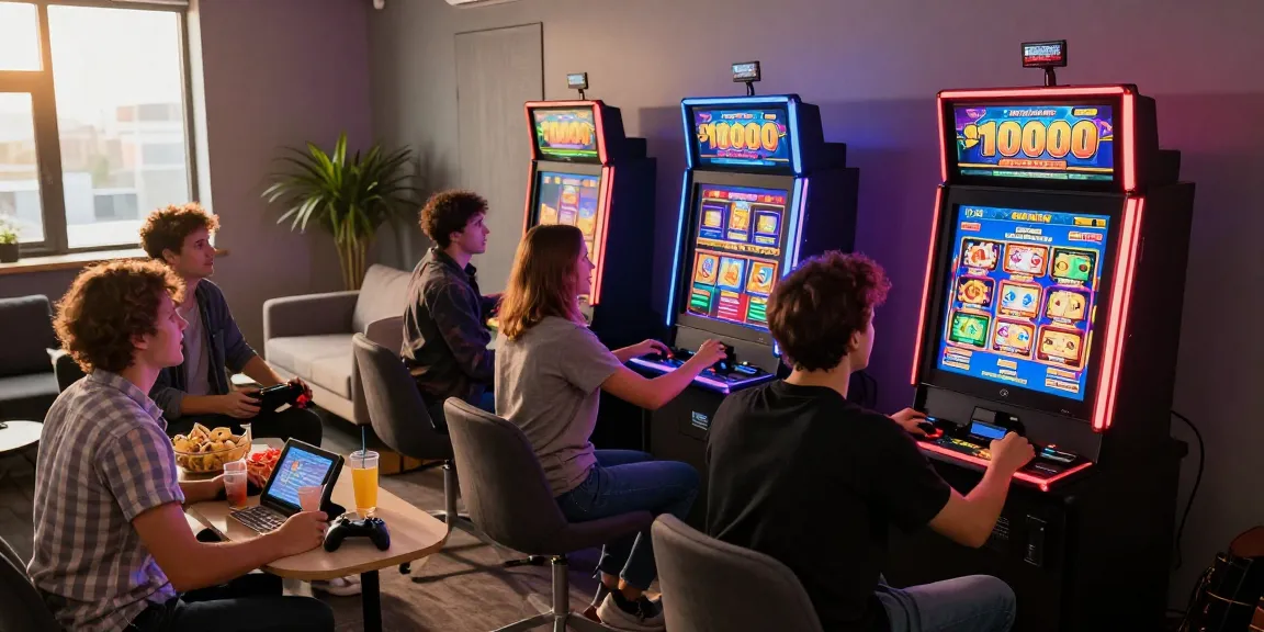 Friends enjoying online gaming session focused on slot deposit 1000 excitement with modern setup and colorful lights.