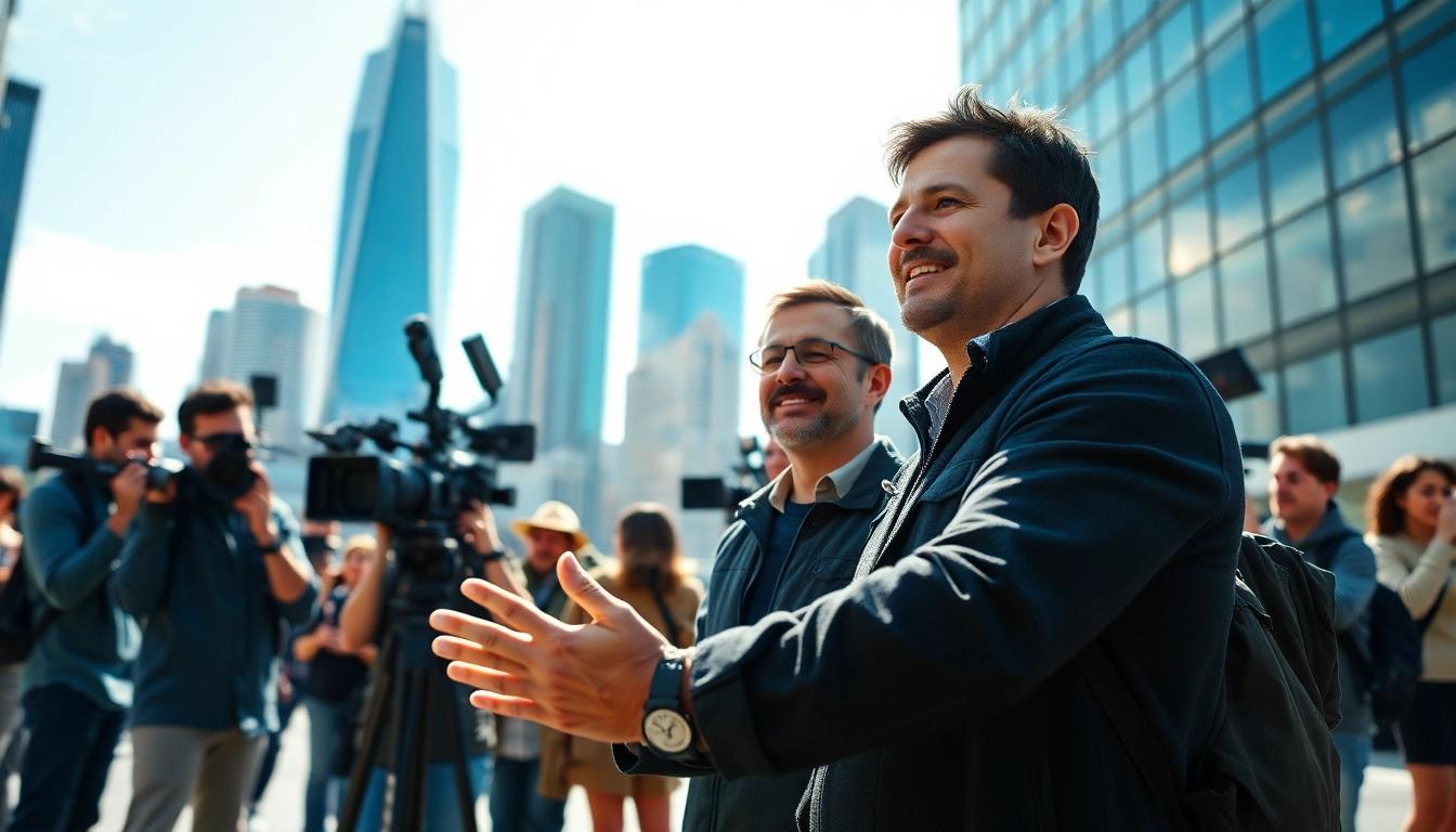 Film Maker directing a vibrant scene on a bustling film set in an urban environment.