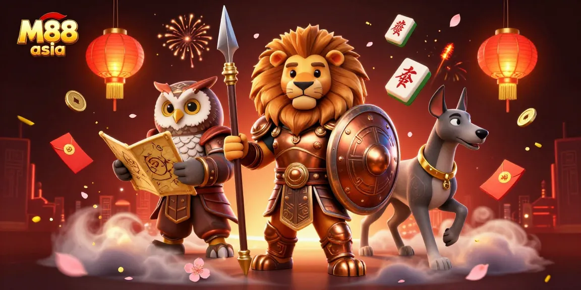M88 asia sports betting scene featuring dynamic characters and festive gaming elements for an engaging experience