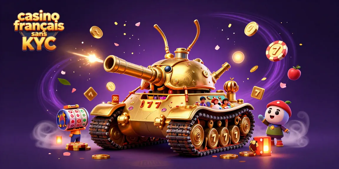 Profitez du casino français sans KYC avec un tank doré, des symboles de jackpot et des confettis