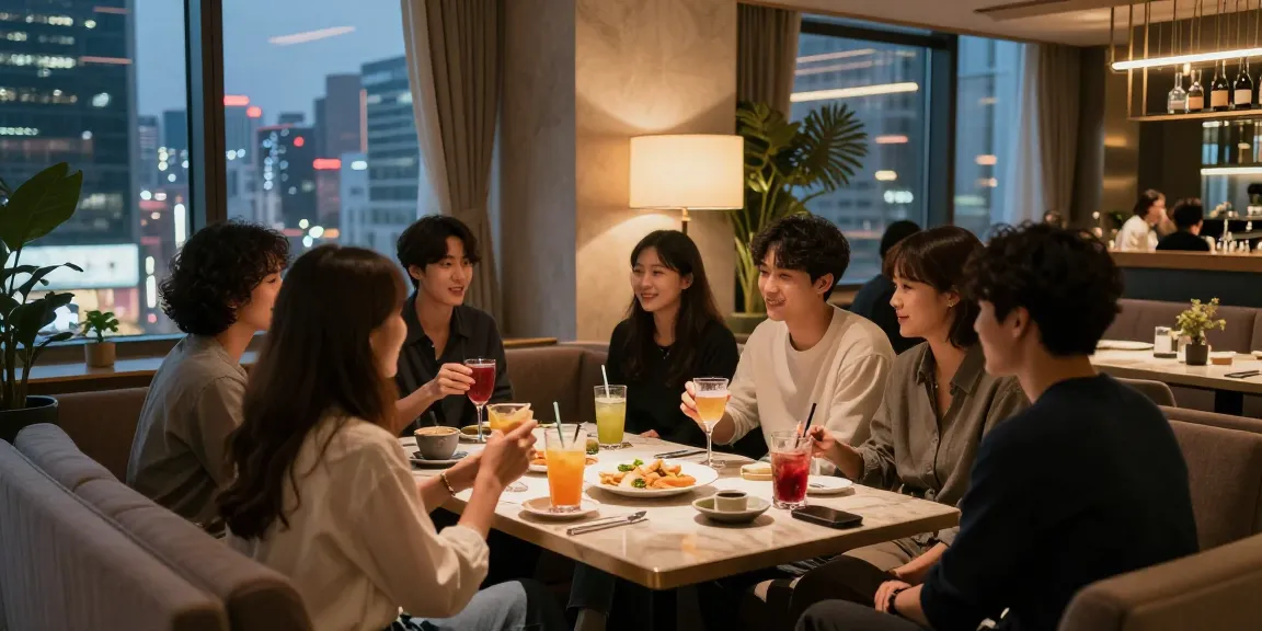 강남 멀리건에서 다채로운 친구들이 모여 아늑하게 즐기는 저녁 모임 모습