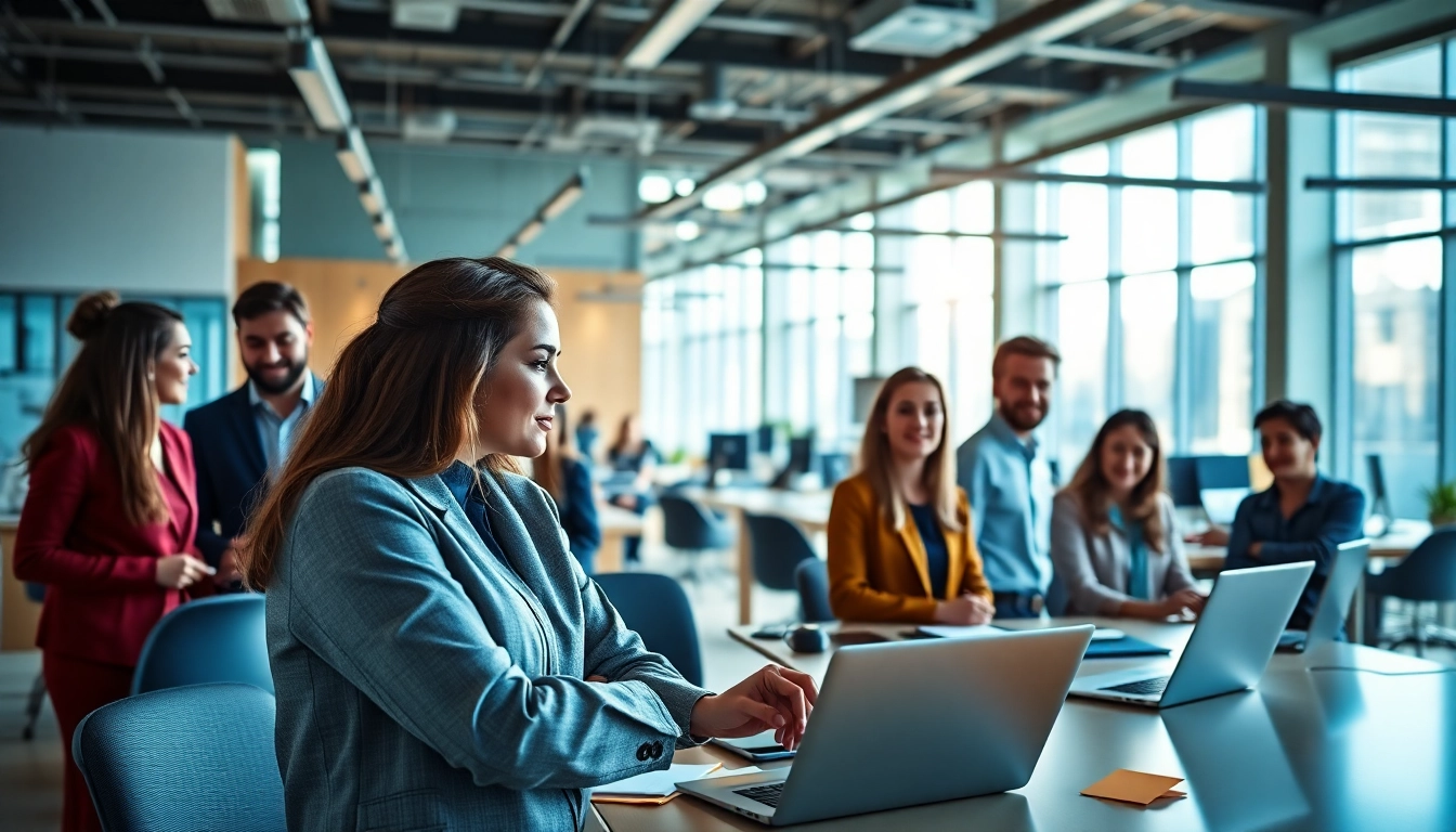 Illustration of an ai assistant for enterprise teams facilitating collaboration in a vibrant office.