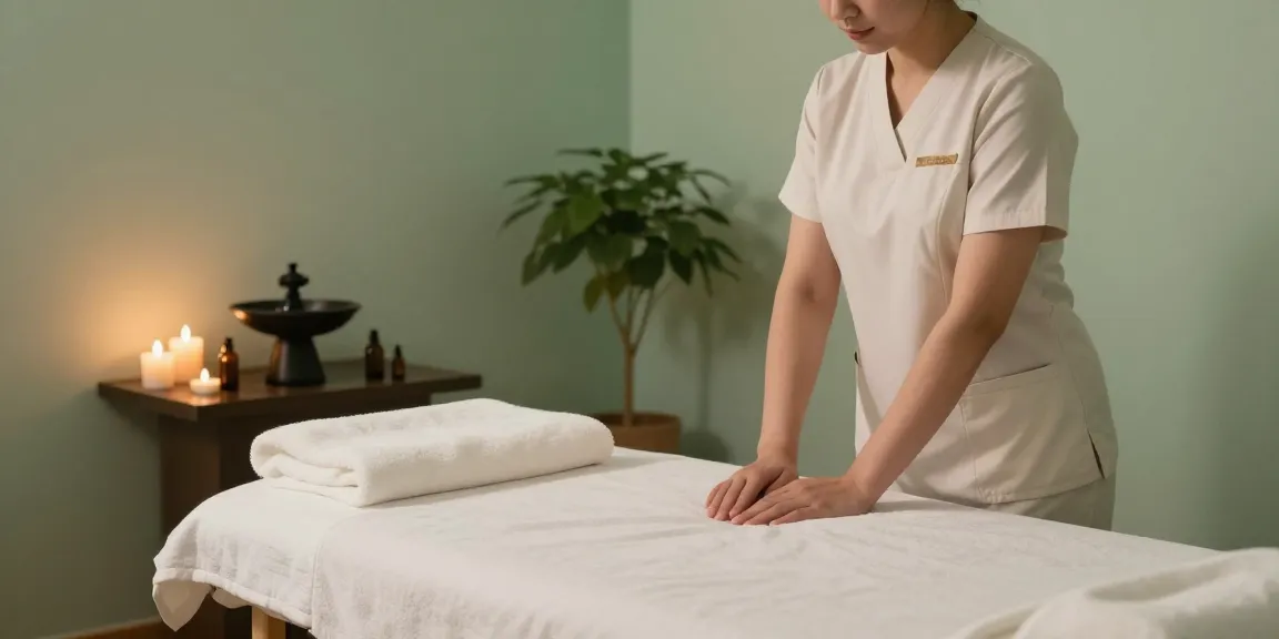마사지 치료를 위한 편안한 스파 환경의 이미지, 아로마 오일과 타올이 준비된 테이블이 특징입니다.