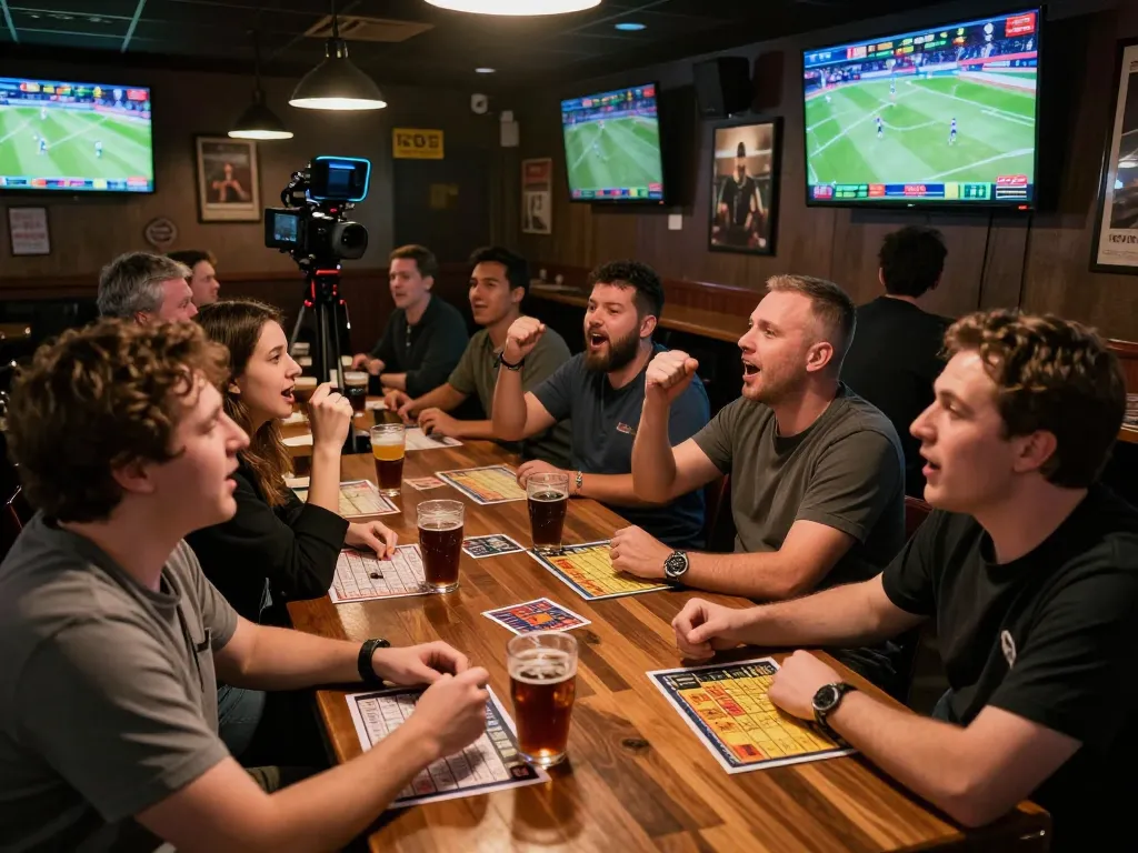Fans engaging in keo nha cai at a packed sports bar, cheering for their bets during a match