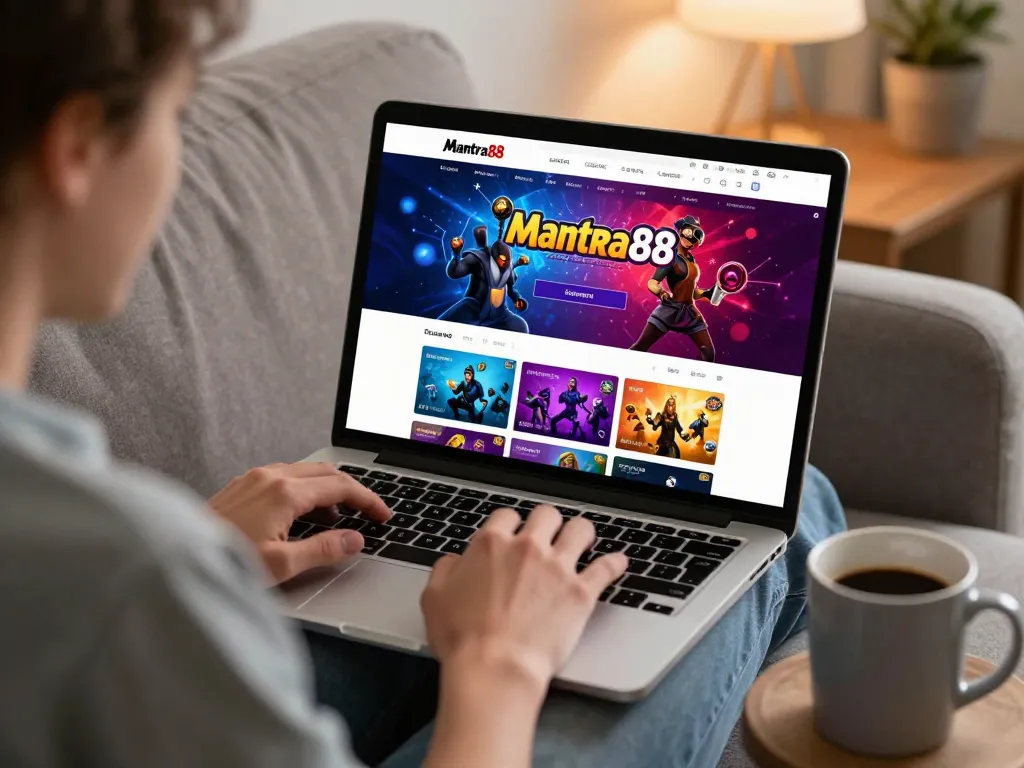 Mantra88 login on a laptop screen with a user engaging in an inviting gaming setup.