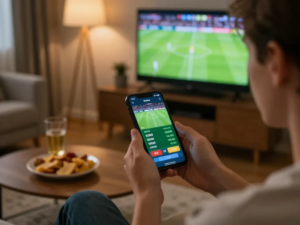 Kèo nhà cái interface on smartphone displaying live betting odds during football match, capturing excitement of real-time sports betting