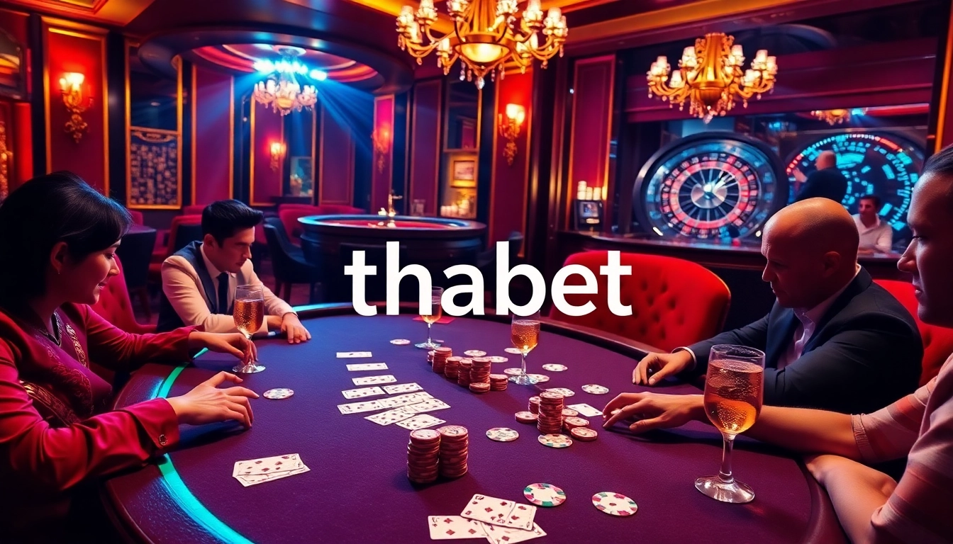 Engaging poker players at a casino table showcasing thabet's luxurious ambiance and vibrant atmosphere.
