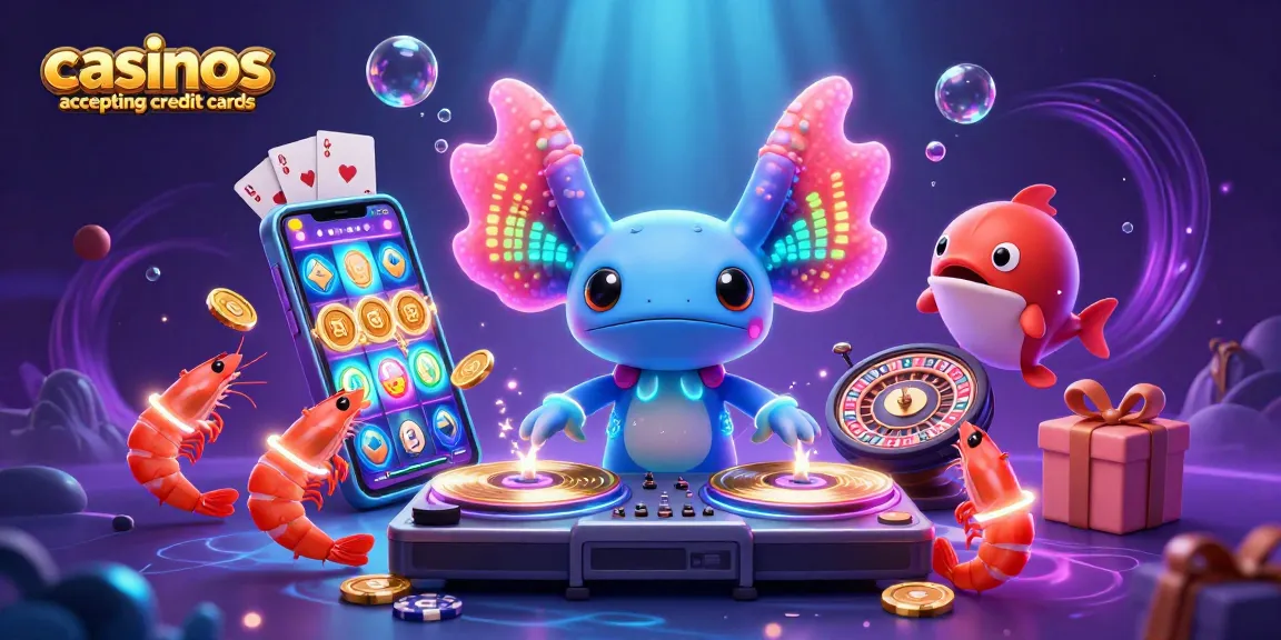 Casinos accepting credit cards illustrated with a dynamic DJ axolotl in an underwater casino scene.