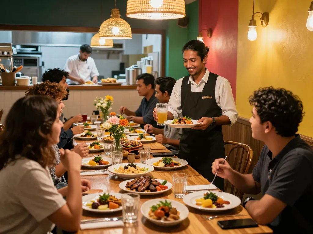 Enjoying a delightful meal at POKERSERI restaurant, showcasing vibrant food and warm hospitality.