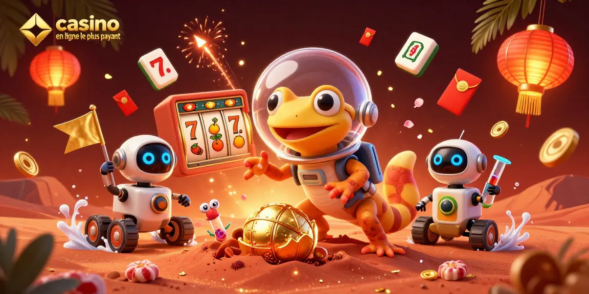 Illustration représentant le casino en ligne le plus payant avec un gécko de Mars et des éléments de jeux.