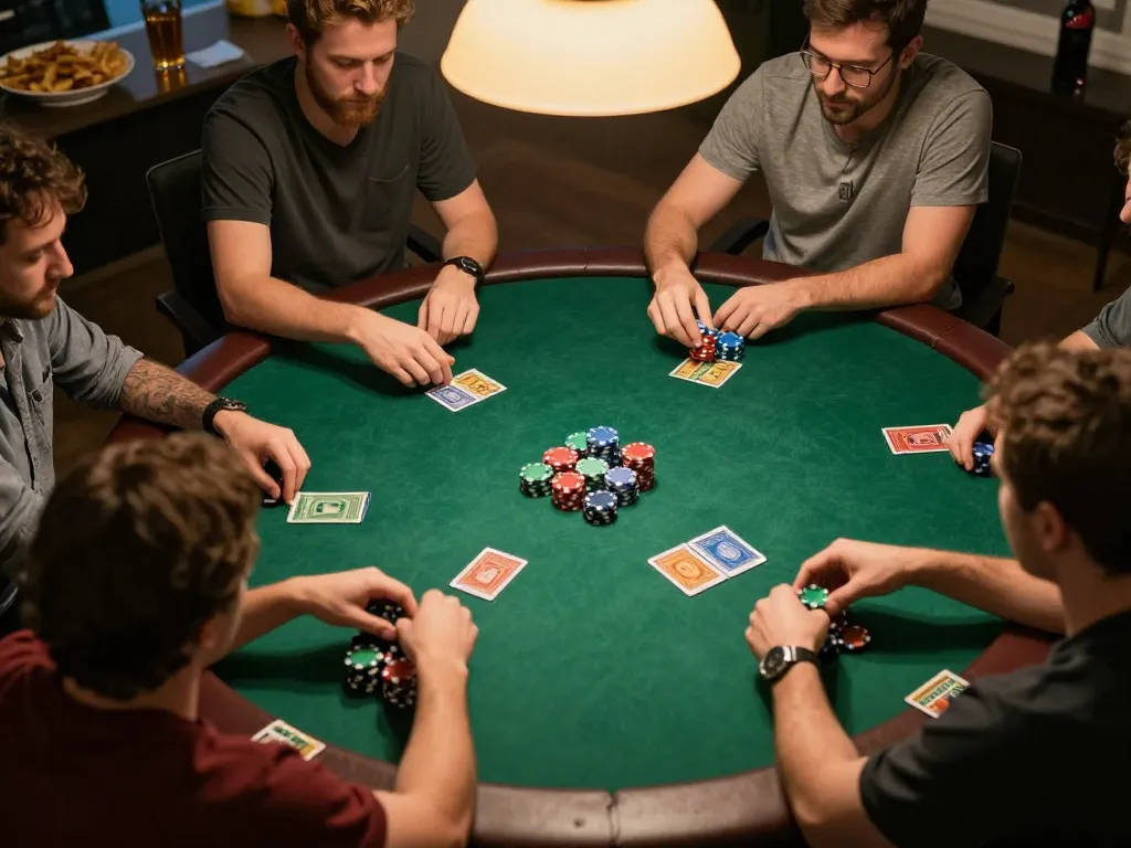 Malam poker Bintangmpo dengan pemain yang menikmati permainan santai dan berbagi strategi.