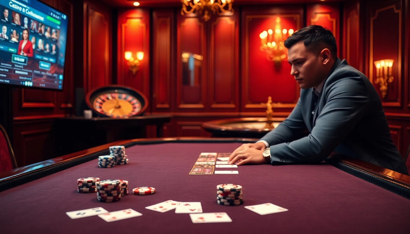 Scène excitante de casino en ligne avec des jetons de poker et une roue de roulette mettant en avant des jeux à enjeux élevés.