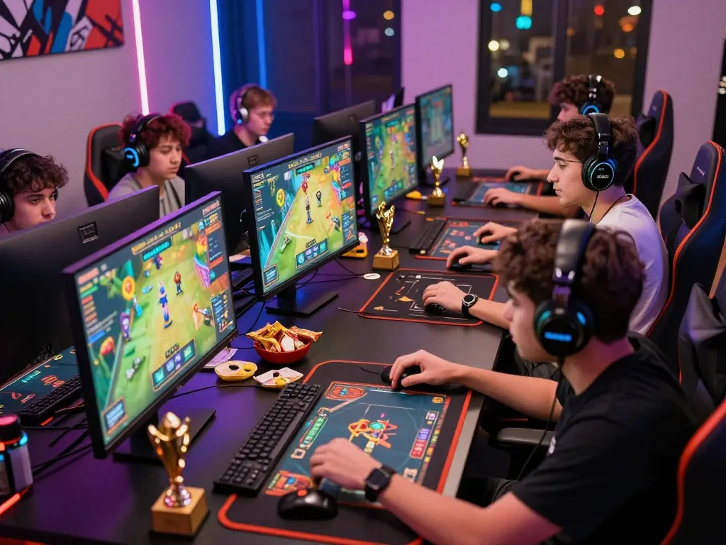 Excited players enjoying Game bài hubet88 in a lively online gaming setup, showcasing competitive atmosphere and vibrant graphics.