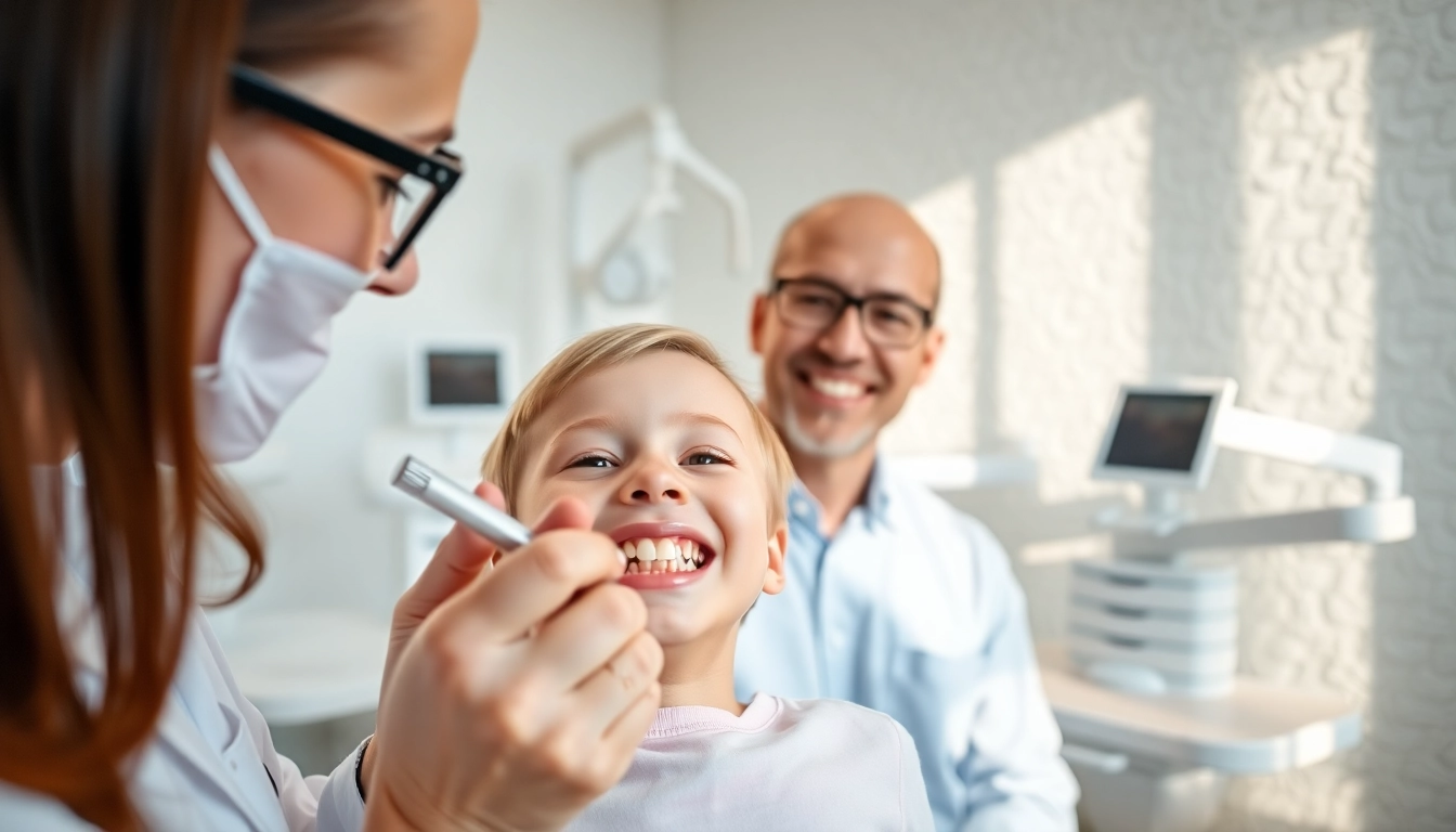 Edmonton orthodontist examining a child’s braces in a bright modern clinic.