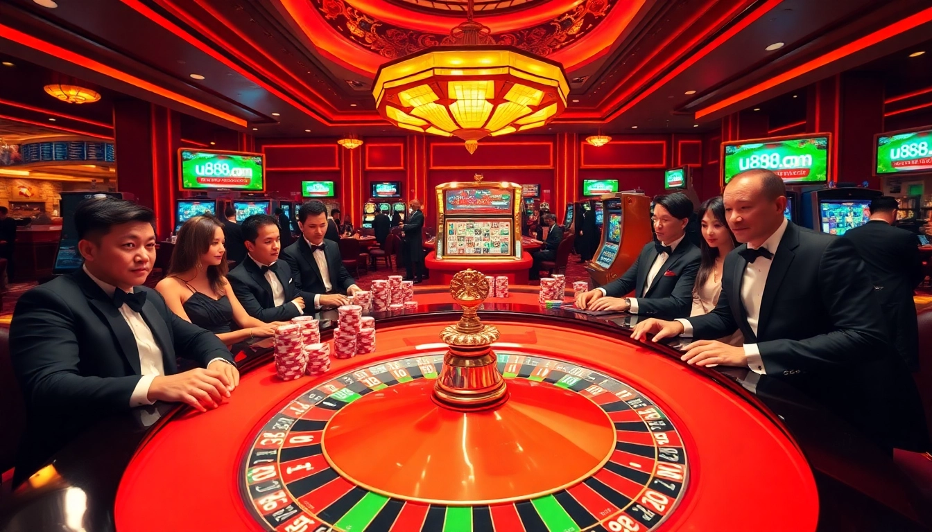 Experience the excitement of u888.com at a lively casino featuring a roulette table and vibrant poker chips.