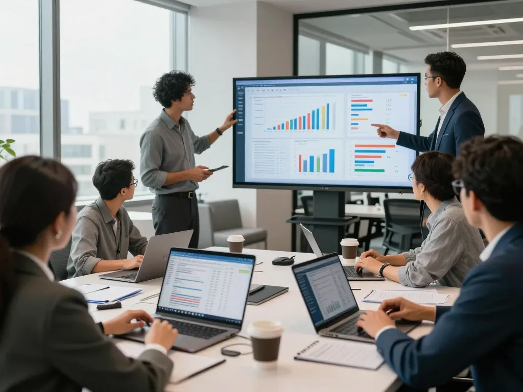 Nationwide investors group collaborating in a modern office to analyze real estate market trends