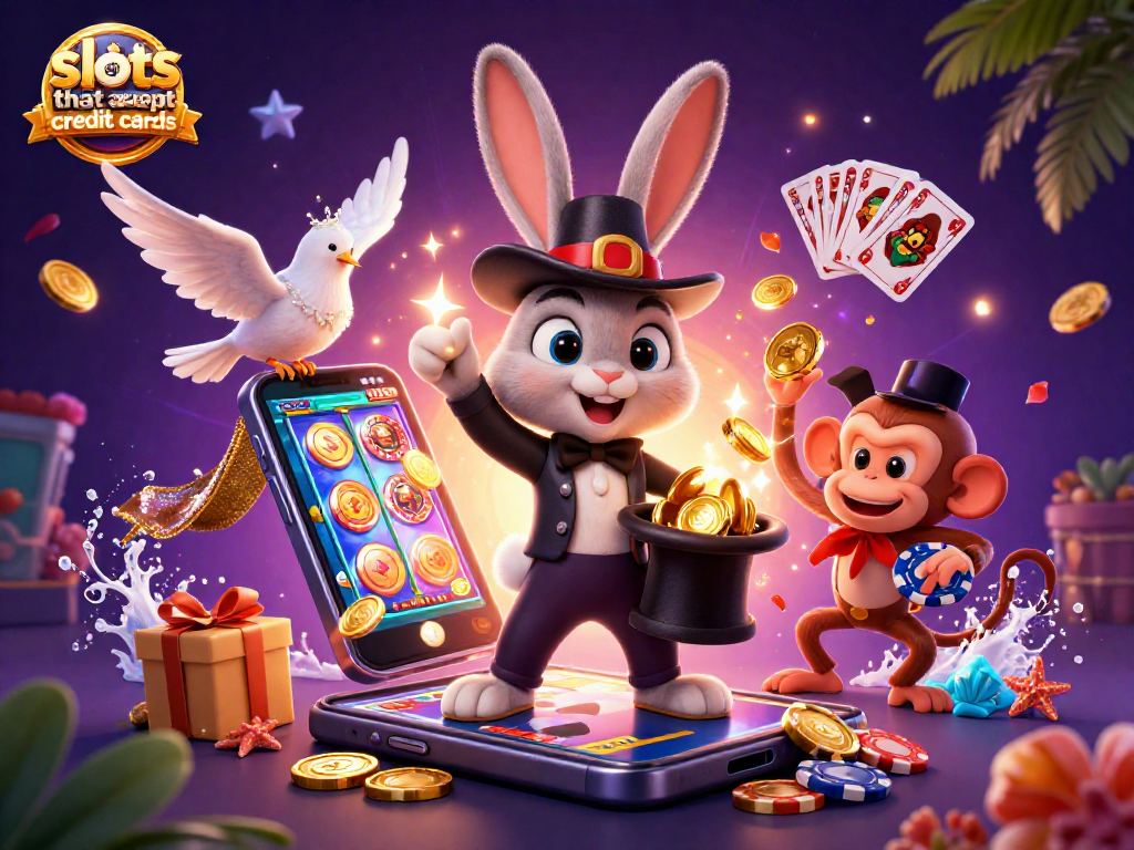 Win big at slots that accept credit cards while a magician conjures coins and excitement.