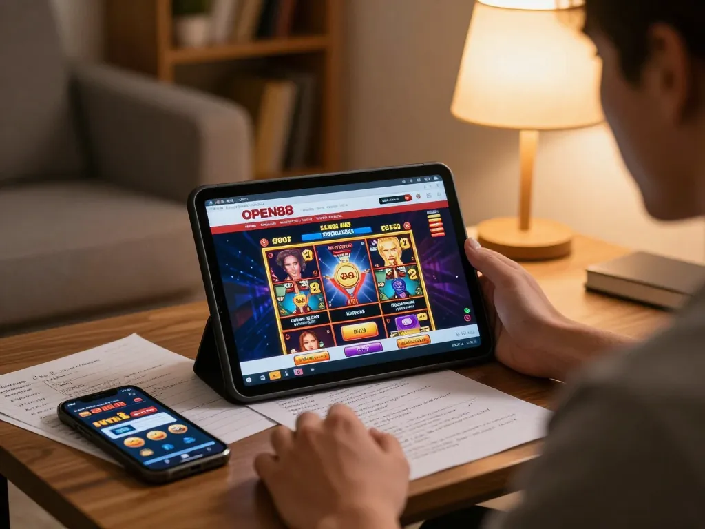 Player engaging with open88 online casino game on tablet with betting notes in a cozy setting
