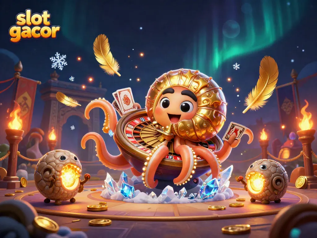 Permainan slot gacor menampilkan nautilus raksasa dengan roda roulette dan kartu, penuh elemen kemewahan.
