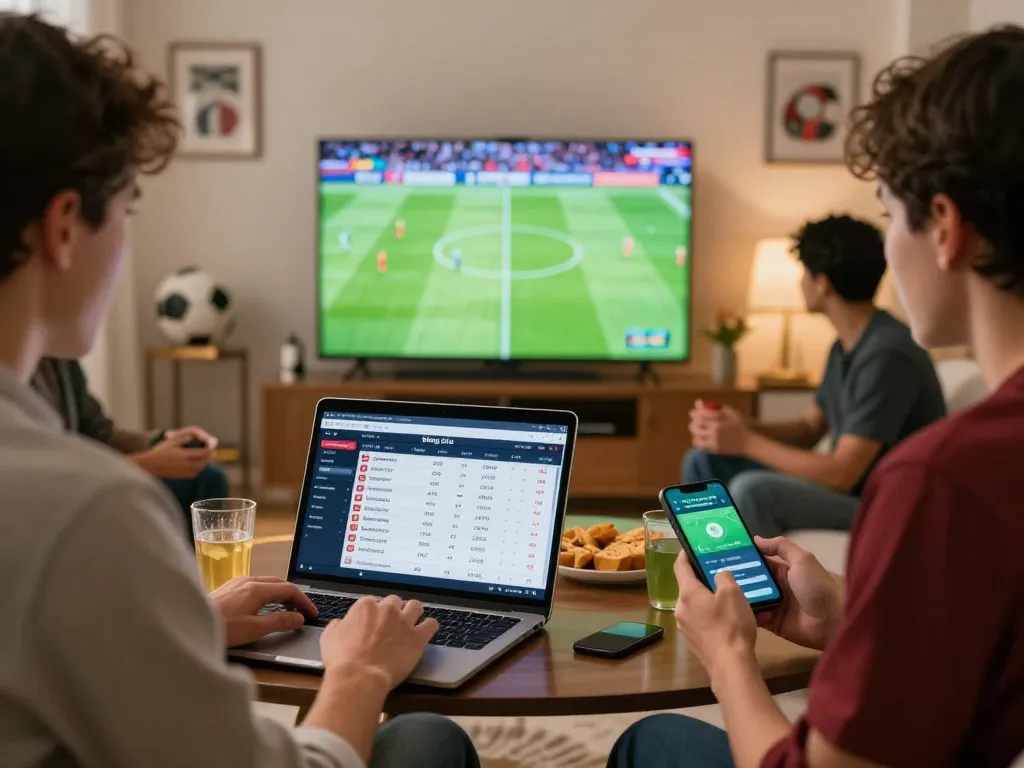 The bóng đá lu betting atmosphere where friends engage with live scores and odds during a football match.