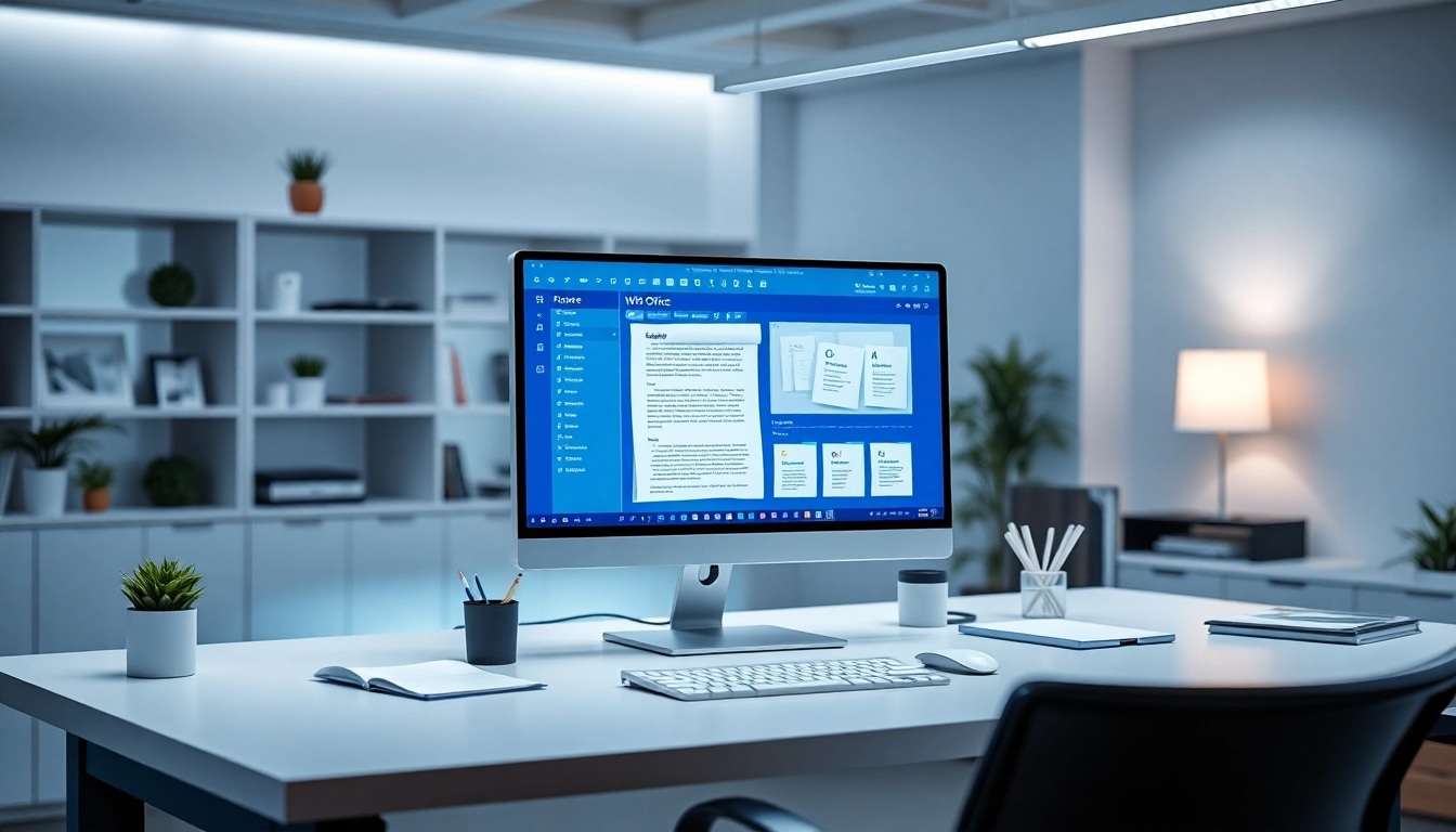 WPS官网下载 demonstration in a modern office workspace showcasing efficient document editing.