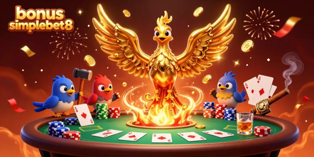 Experience the thrill of bonus simplebet8 with a golden phoenix and poker elements in a vibrant casino setting.