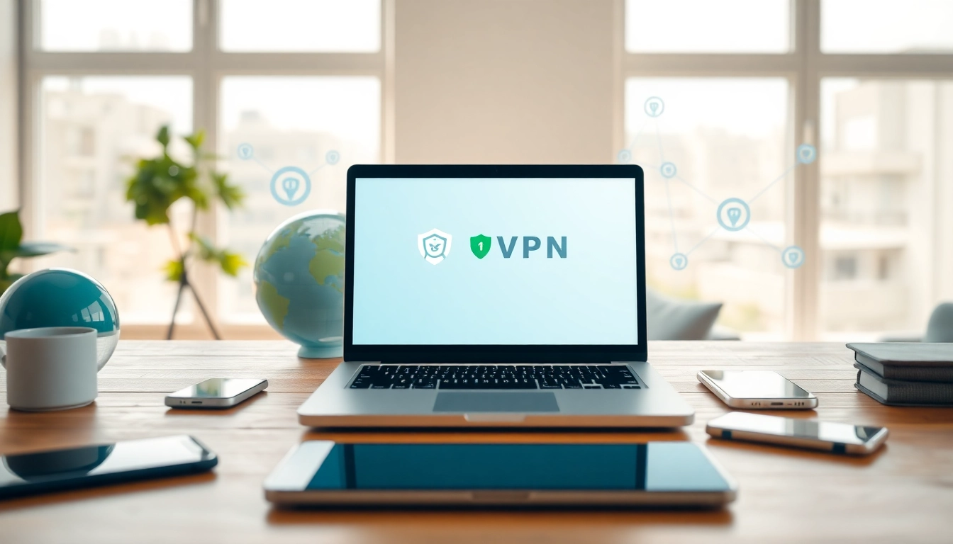 现代工作空间中的笔记本电脑上显示的快连 VPN 界面，象征数字互联。