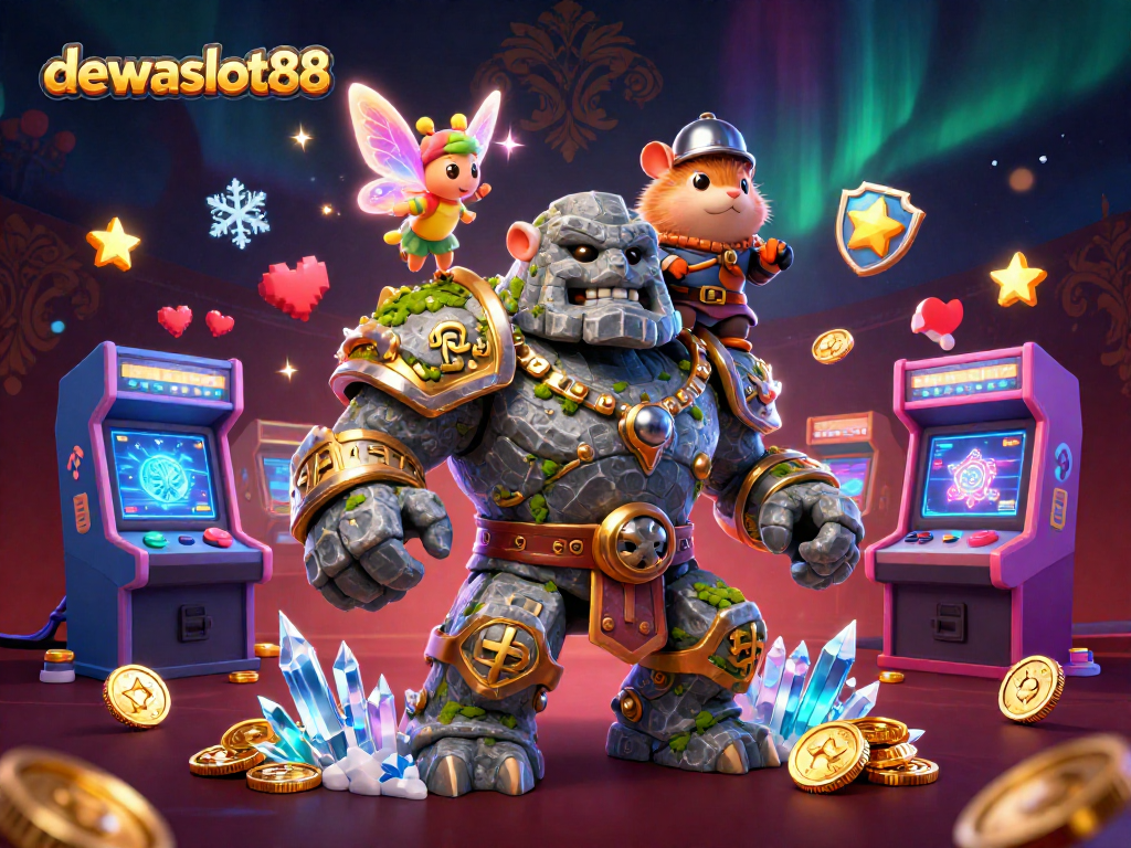 Permainan kasino dewaslot88 yang menarik dengan golem penjaga dan peri ajaib yang bersinar.