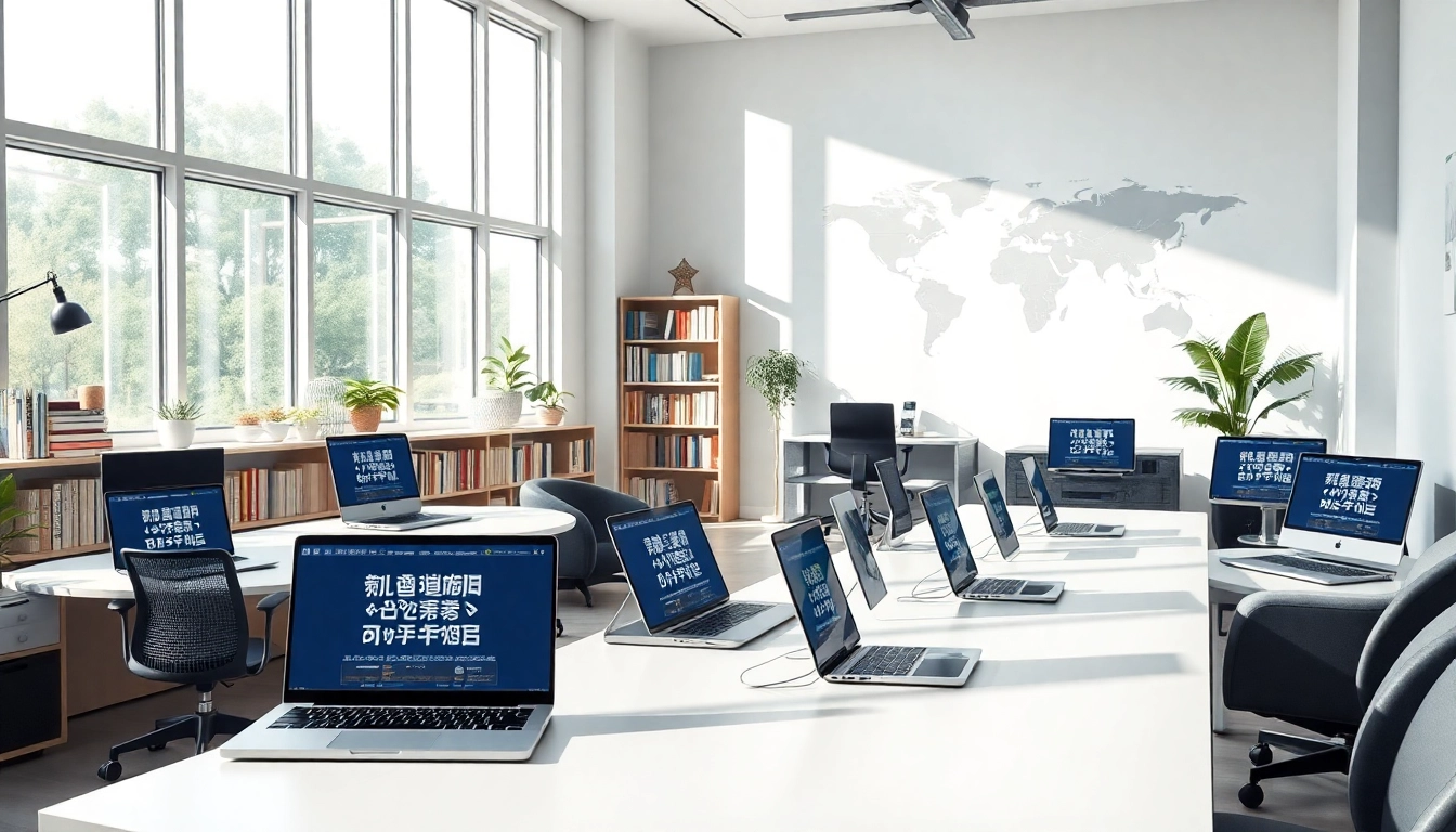 Modern translation office showcasing 有道翻译 tools for global communication.