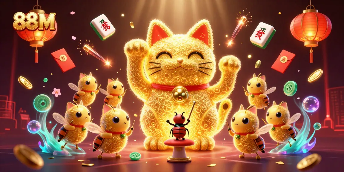 Experience the vibrant 88M casino world with dynamic lucky cat and glowing symbols.