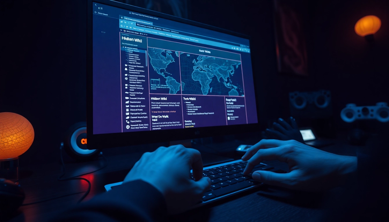 Engaging with hidden wiki 1 on a Tor browser in a mysterious dimly lit room.