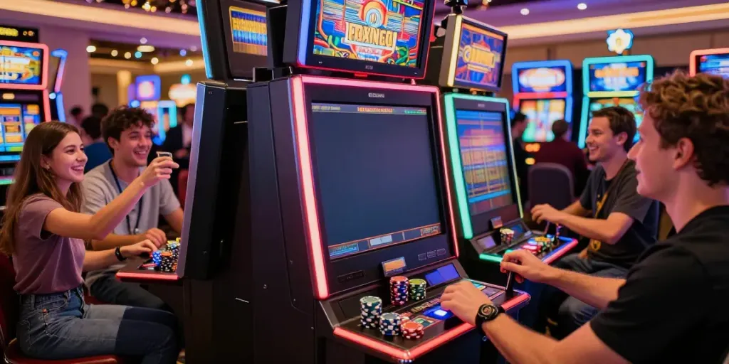 Pengalaman slot777 yang menarik dengan pemain merayakan kemenangan di mesin slot.