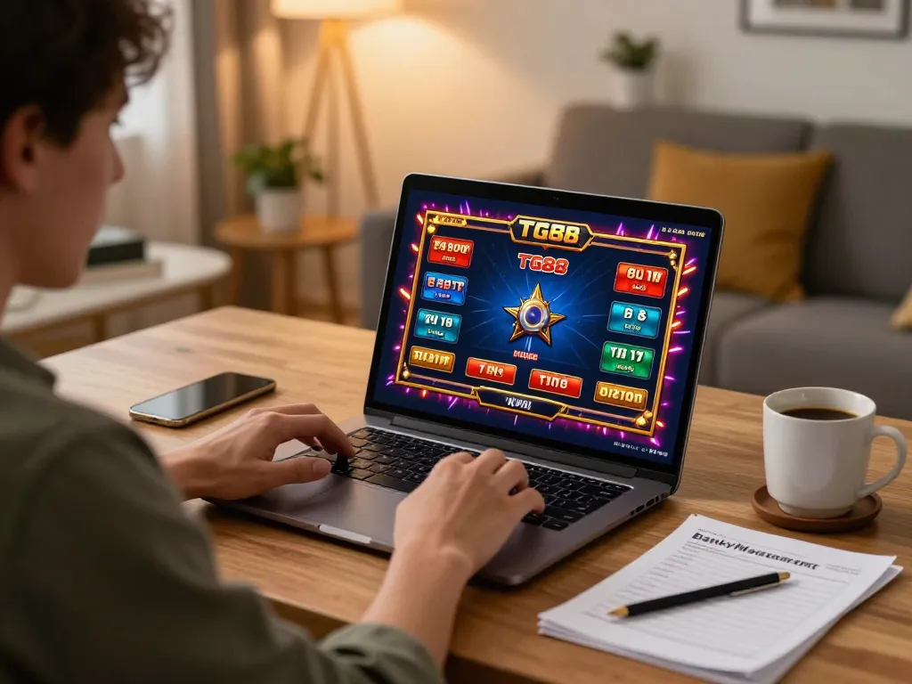 Player engaging with TG88 online casino games on laptop, cozy home setup highlighting strategy and gaming.
