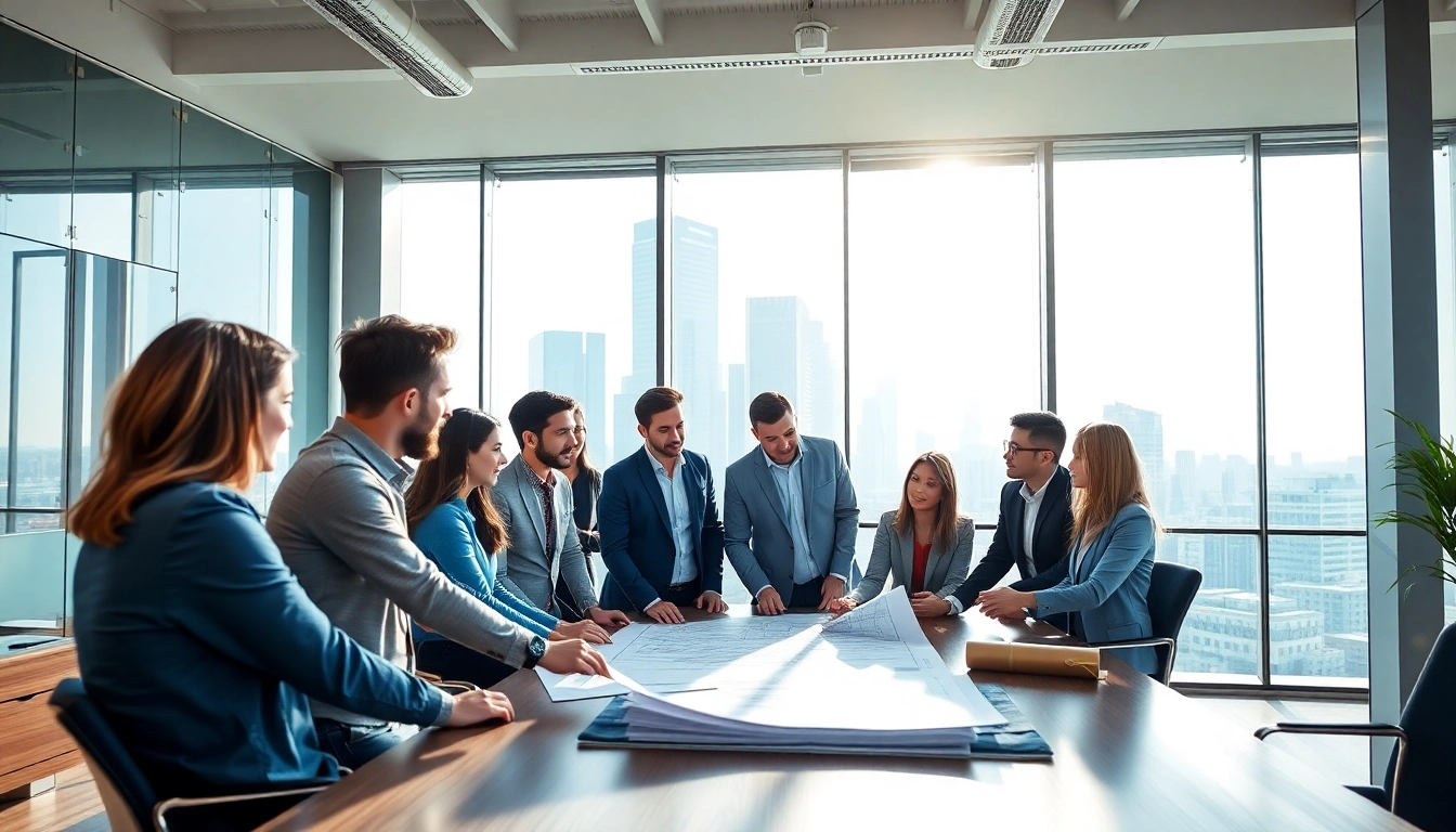 Construction association professionals collaborating in a modern meeting space with city skyline views.