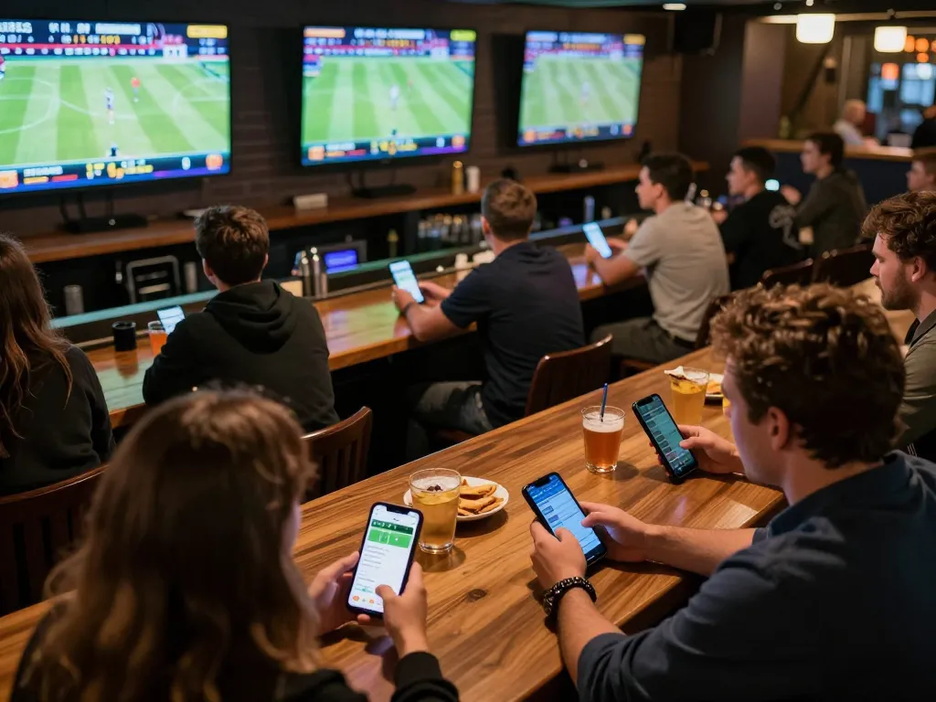 Engaging scene of sports betting with patrons using link alternatif naga303 apps in a vibrant sports bar atmosphere