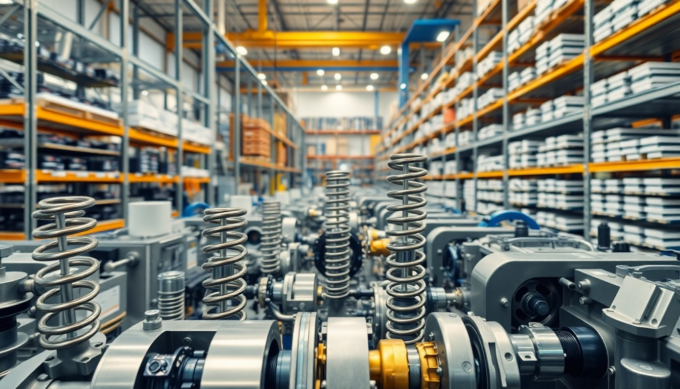 Gas Spring Manufacturer showcasing precision machinery and products in a bright manufacturing facility.