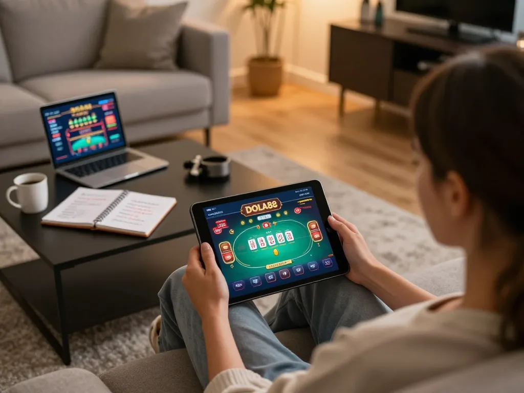 Engaging with the DOLA88 online casino while enjoying a cozy home atmosphere