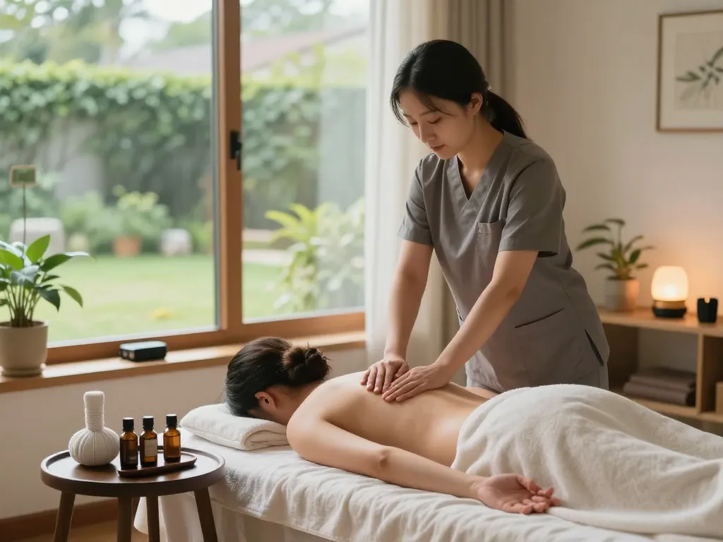 Professional therapist providing relaxation with https://www.maxim-anma.net Thai massage in a serene home environment.