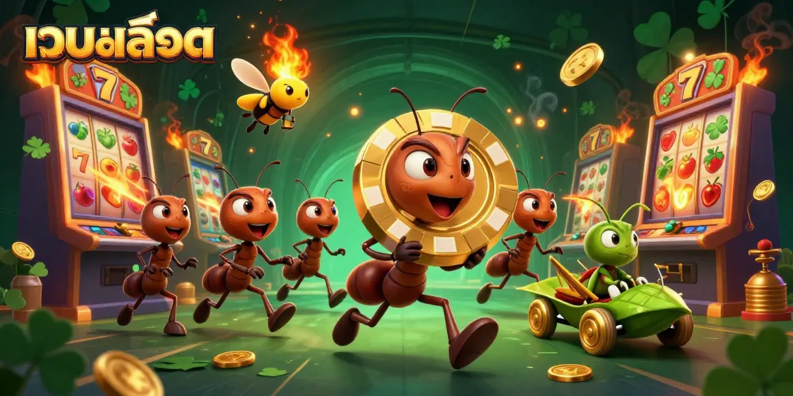 Engage in เว็บสล็อต with ants heisting a giant chip and dynamic slot elements in 3D illustration.