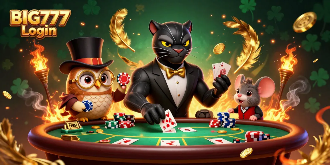 Login BIG777 untuk permainan poker dengan karakter panther dan hiasan chips.